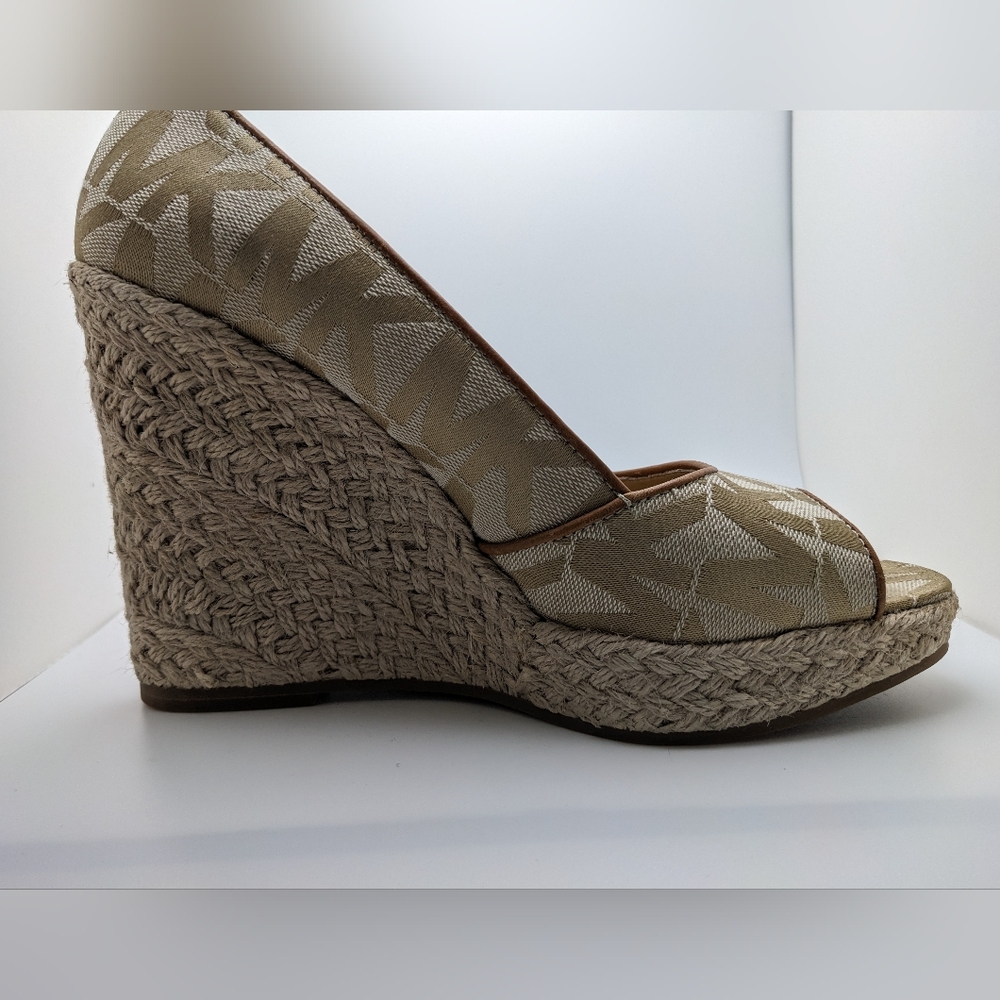 Michael Kors Monogram Print Peep Toe Wedge Heel - size7 1/2